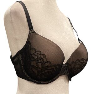 Wacoal 36D Black Sheer Lace Underwire Bra Molded Cups Mesh Floral Lingerie